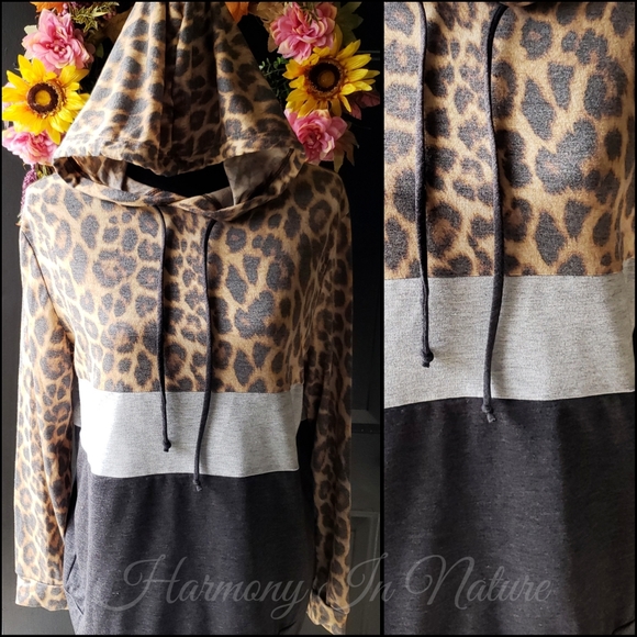 Leopard & Gray Color Block Hooded Pullover - Picture 2 of 8